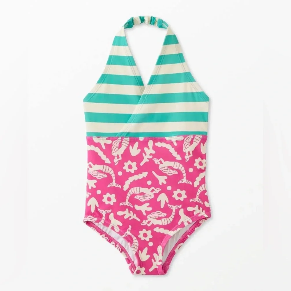 NWT Hanna Andersson One Piece Halter Swimsuit, Merry Mermaids,‎ Size 90 (US 3T)